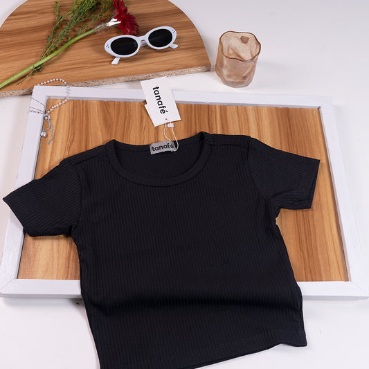 BLACK ROUND NECK RIBBED CROP TOP