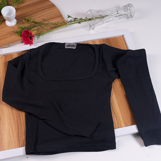 BLACK FULL SLEEVE SQUARE NECK RIBBED TOPS