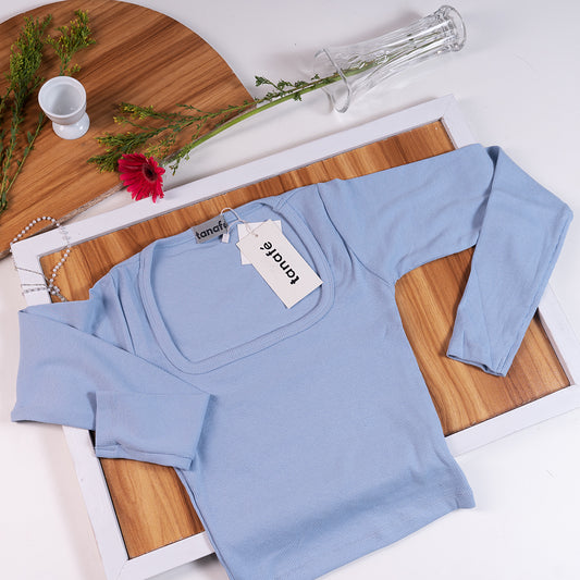 SKY BLUE FULL SLEEVE SQUARE NECK RIBBED TOPS